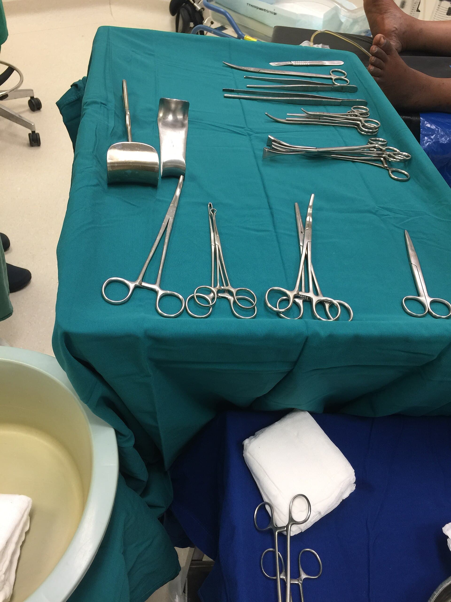 Surgical instruments laid out on a tray ready for an orthopaedic procedure