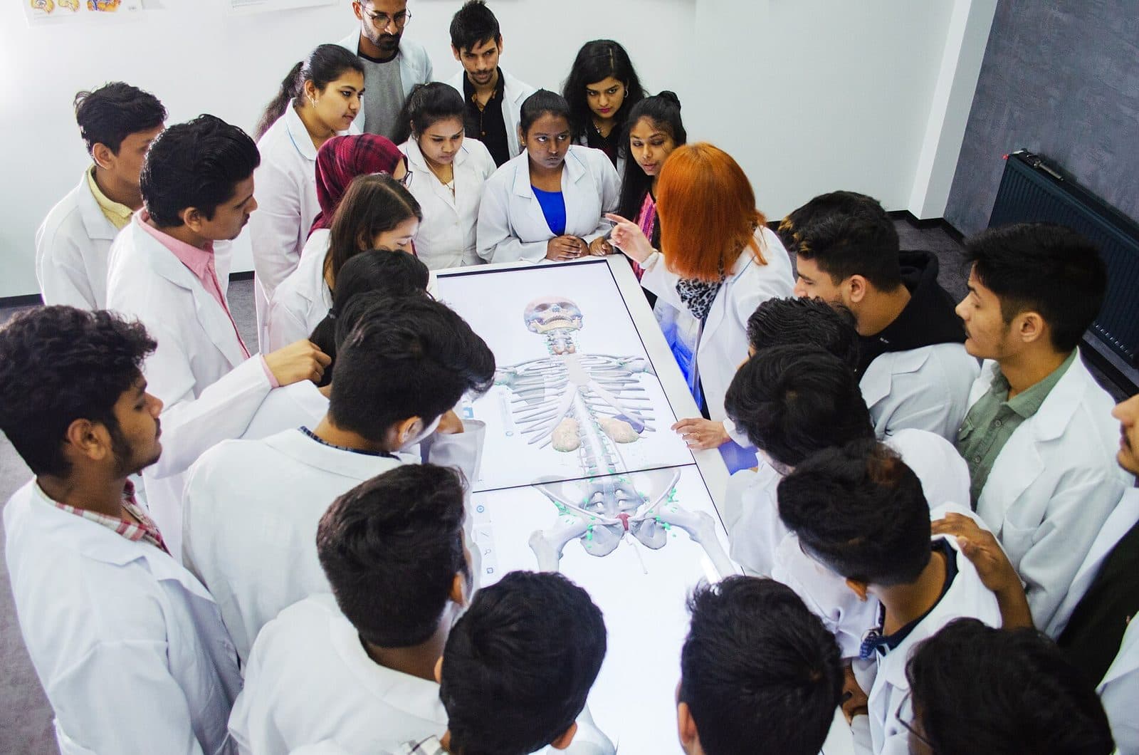 Trainees learning around an Anatomage virtual dissection table