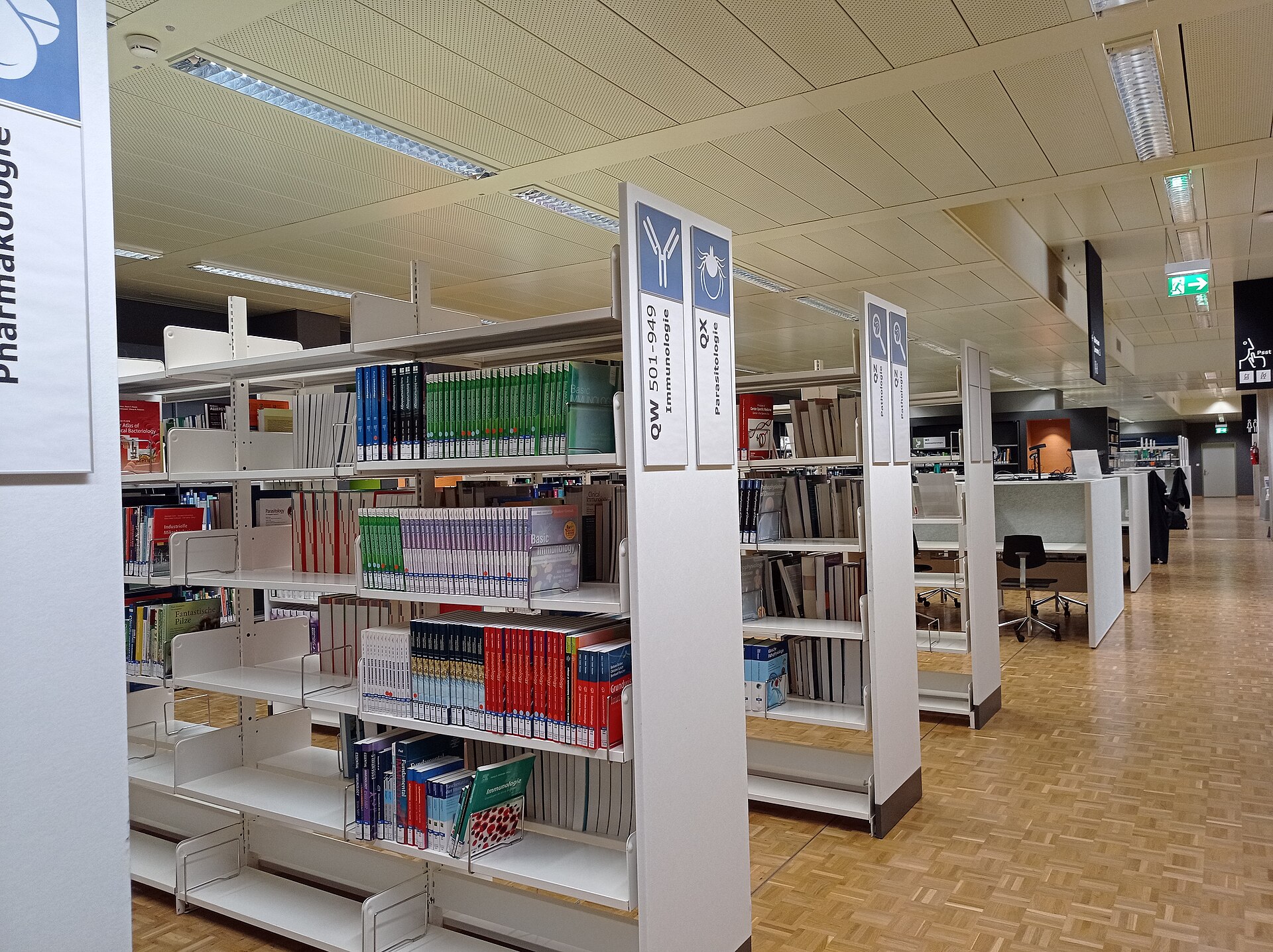 Bookshelves of the medical library at the University of Bern.